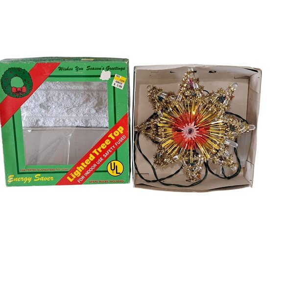 Vintage UL Lighted Tree Top Gold Star Design Christmas Use Bulbs Original Box - Picture 1 of 9
